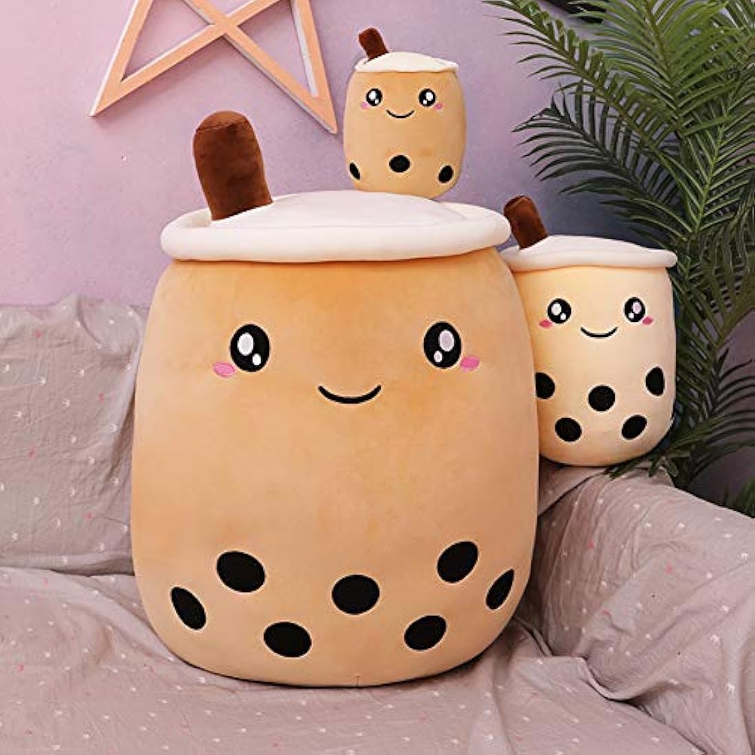 AMOZO Cute Cartoon Boba Milk Tea Soft Plush Doll, Giant Boba Bubble Plushie Stuffed Tea Cup Pillow Gift Toys(Beige,24cm)