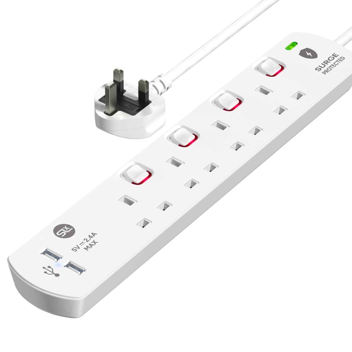SLx Extension Lead 1m 4 Way Gang Switched Surge Protected Power Strip with 2 USB A Ports & LED Indicator 13A UK Plug & 3 Pin Sockets Wall Mountable
