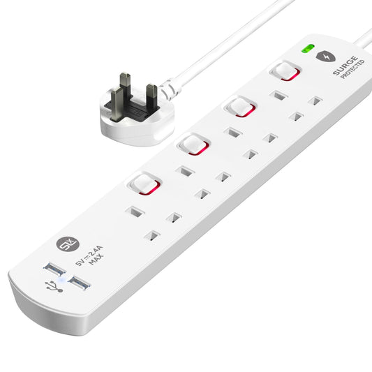 SLx Extension Lead 1m 4 Way Gang Switched Surge Protected Power Strip with 2 USB A Ports & LED Indicator 13A UK Plug & 3 Pin Sockets Wall Mountable