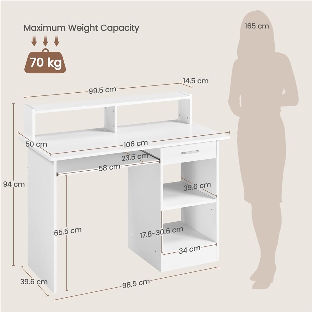 Yaheetech Computer Desk with Drawers Study Table for Home Office, White