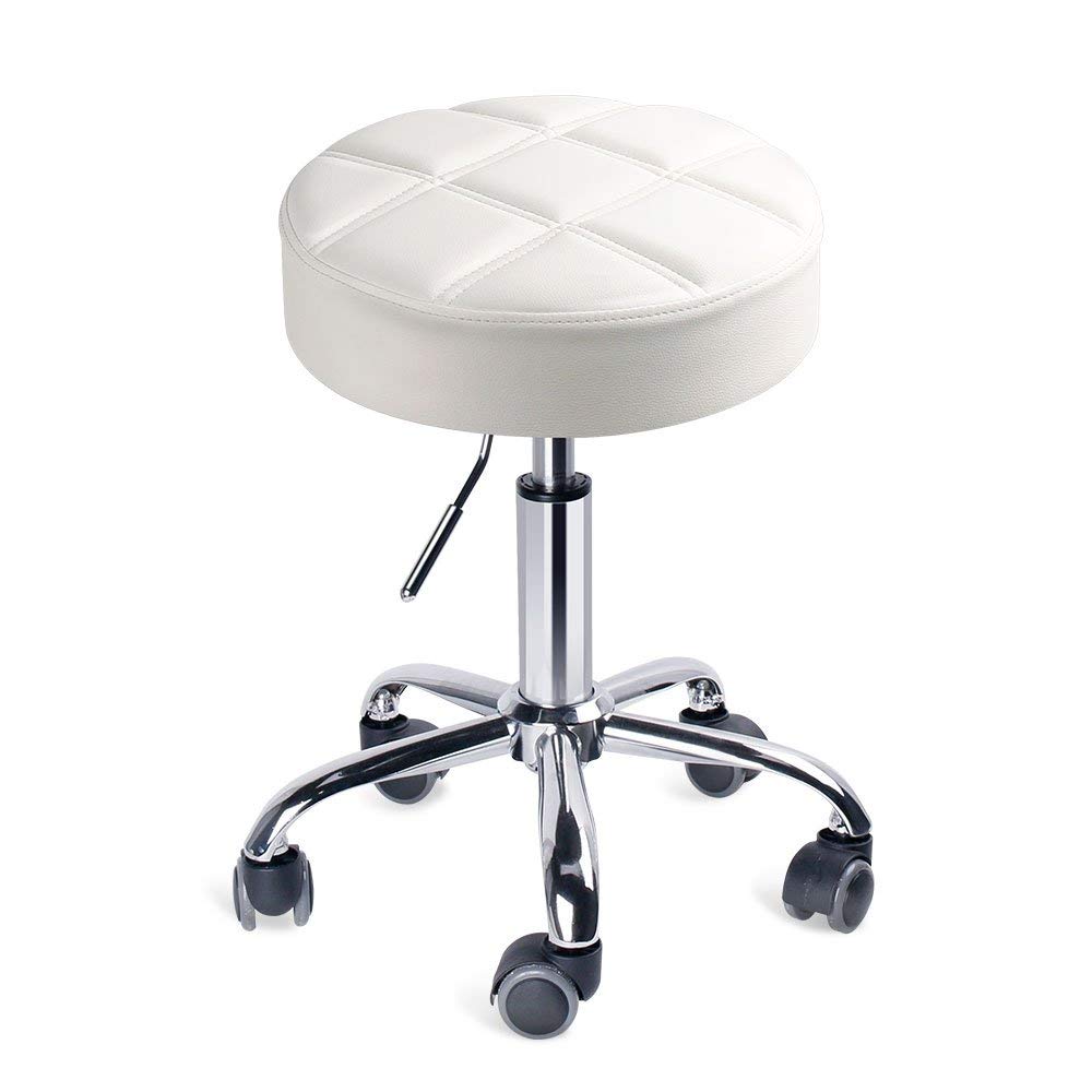 Round Swivel Beauty Stool Adjustable PU Leather Seat White / Φ14"