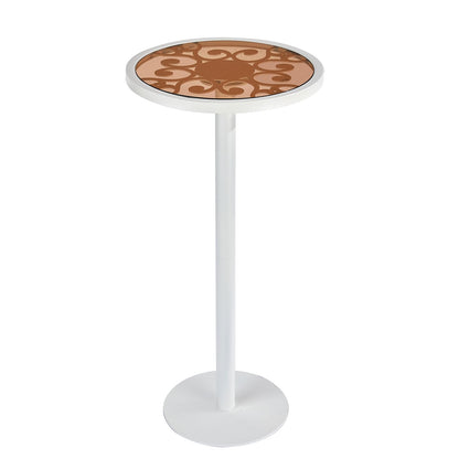 ZEXVIDA White Drink Table with Amber Glass Top, Indoor Outdoor Small Round Side Table, 24.7" Metal Pedestal End Table for Living Room, Patio, Sunroom