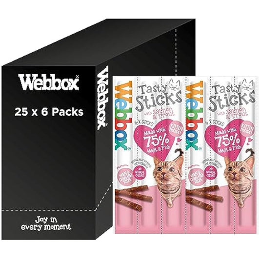 Webbox Tasty Sticks Cat Treats, Salmon and Trout - Kitten Friendly, Wheat and Grain Free, No Artificial Colours (25 x 6 Packs)