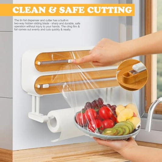 Magnetic Cling Film Dispenser and Cutter - Advanced 3-in-1 Wall-Mounted Kitchen Roll Holder, Quasziwa Refillable Cling Wrap & Aluminium Foil Dispenser with Paper Towel Holder - Fits 12" Roll, White