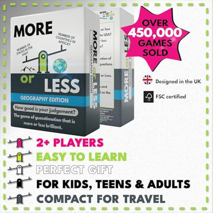 More or Less Geography Edition Card Game | 2 Players + | Travel & Pocket Card Game for Kids, Teens & Adults | Play Anywhere