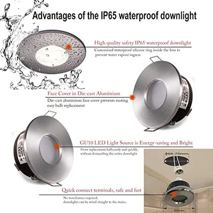 4xSweier LED IP65 Waterproof Recessed Spotlight with GU10 Base for Bathroom and Kitchen Spotlight, 5W Warm White 3000K 450LM Ceiling Downlight, Not Dimmable