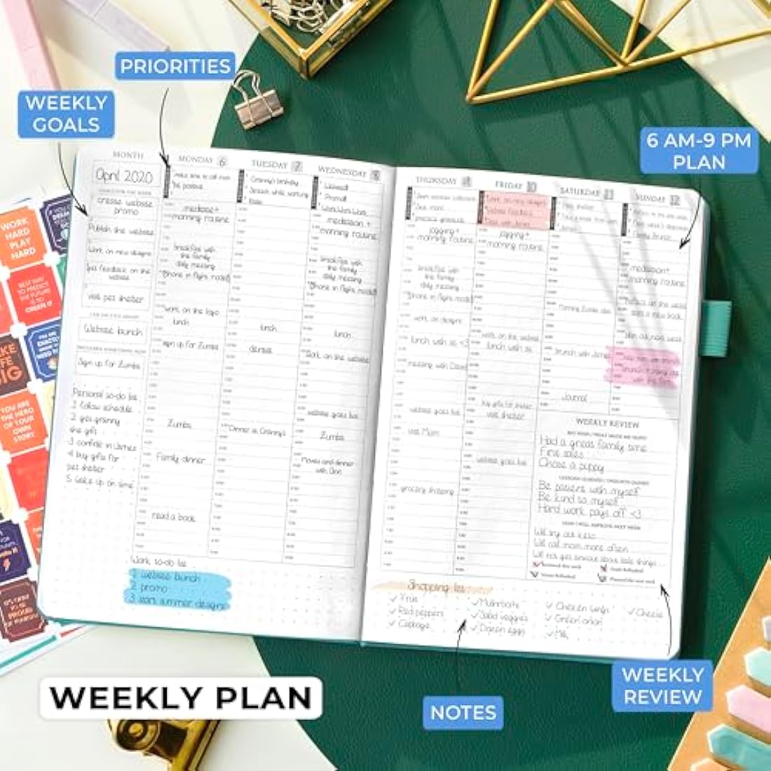 Legend Planner Hourly Schedule – Weekly & Daily Organizer with Time Slots. Appointment Book Journal for Work, Undated, A5 (Viridian Green)
