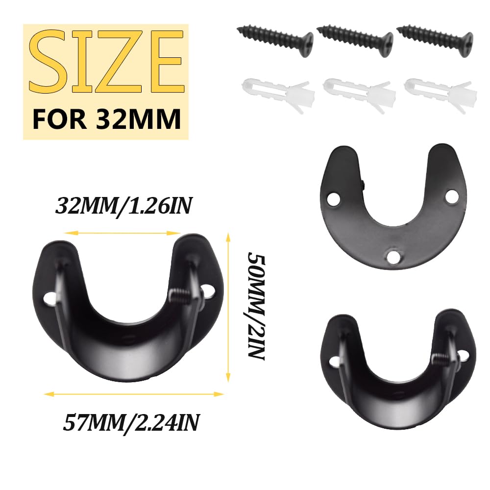 Ruidee 4PCS Flange Socket Stainless Steel U-shaped Rod Support Set for Closet, Wardrobe, Bathroom, Kitchen, etc (FL/Black/32MM)