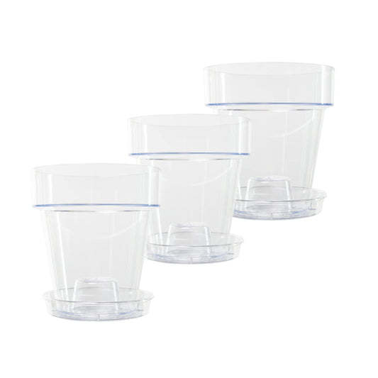 Kalapanta Clear Plastic Orchid Pot with Drainage Holes and Saucer (3, 16 cm Diameter)
