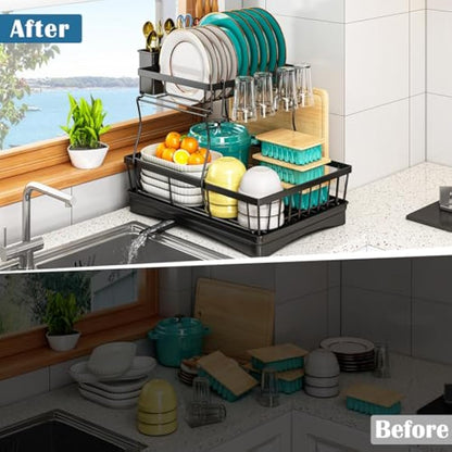 StowBin 2 Tier Dish Drainer Rack for Kitchen Counter - Space-Saving Dish Rack with Utensil Holder, Large Capacity Dish Drying Rack with Draining Board, Black