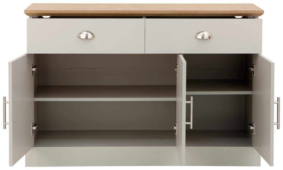 GFW Kendal Grey and Oak Large Sideboard, 3 Door 2 Drawer Storage Cabinet, Country Style Living Room and Dining Room Furniture