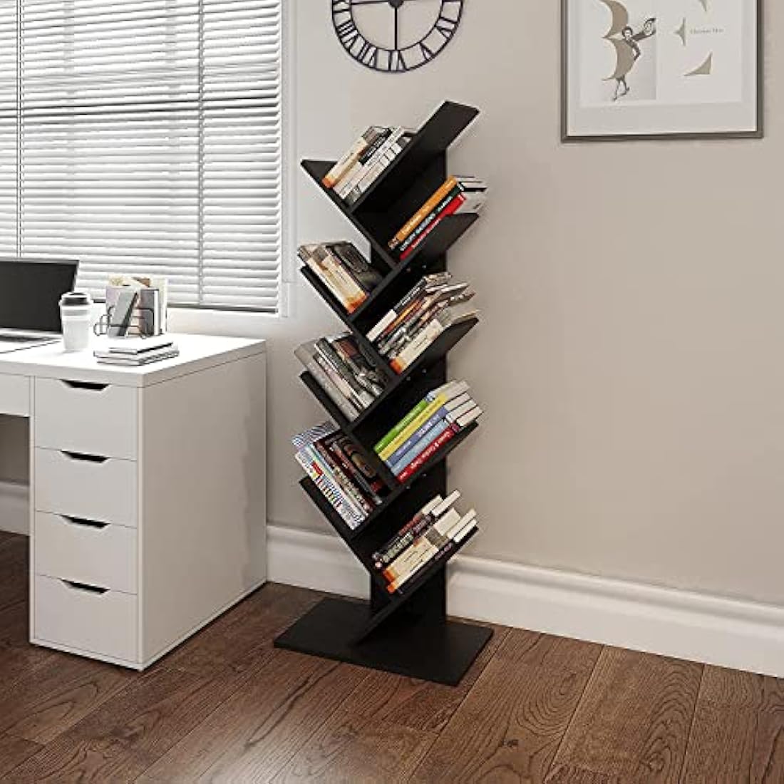 YITAHOME Tree Bookshelf, Floor Standing Book Shelf, Tall Industrial Wooden Shelves Bookcase, Display Storage Shelving Units for Living Room Home Office - Black Bookshelf