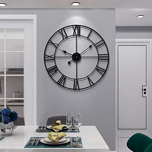 HAITANG Vintage Large Wall Clocks,Silent Non Ticking,Battery Operated,40cm /16" Round, Roman Numerals, Modern Black Metal Clock for Living Room,Bedroom,Kitchen,Office Wall Decor