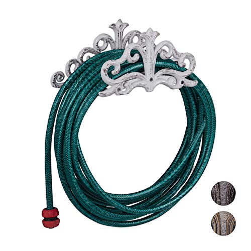 Relaxdays Wall-Mount Hose Reel, Antique Style, Garden Shed Storage Rack, Cast Iron, HxWxD 15x36x15 cm, White, 15 x 36 x 15 cm