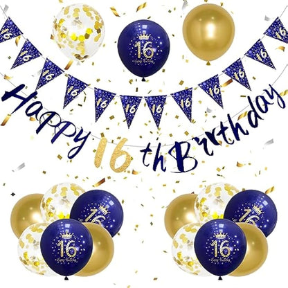 Boys 16th Birthday Decorations Navy Blue Gold 16th Birthday Party Decorations Boys Banner Bunting Kit by Wonsta