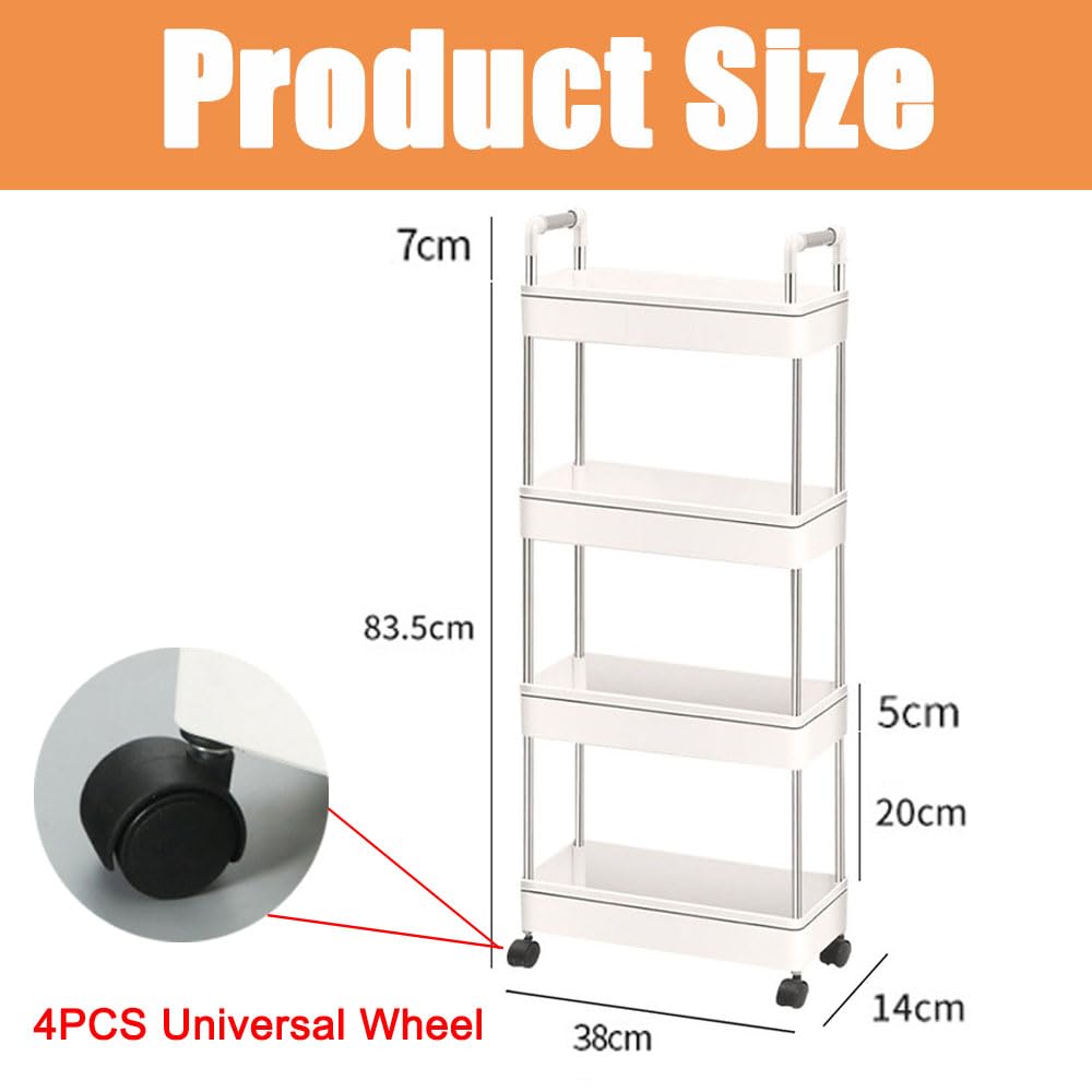 4-Tier Narrow Slim Storage Trolley Cart Slide-out Utility Mobile Shelving Space Organizer Shelf Rack Storage Cart on Wheels for Kitchen Bathroom
