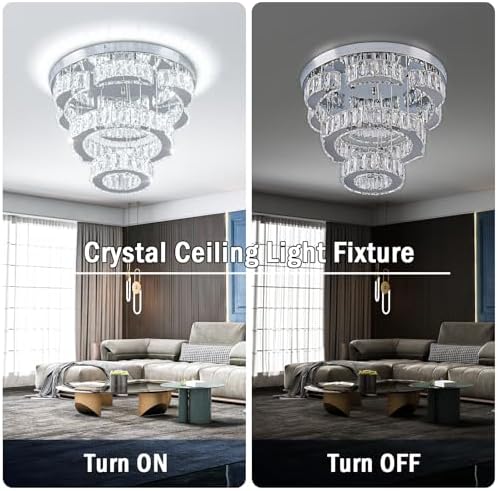 FRIXCHUR 15.7" Modern Crystal Chandelier Flower LED Flush Mount Ceiling Light 2 Rings Pendant Lights Chandeliers for Living Room Dining Room Bedroom (Cool White)