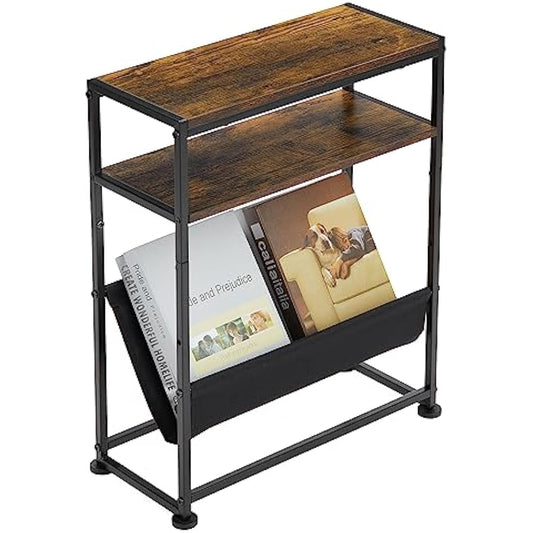 ZEXVIDA Small End Table for Small Spaces - Slim Side Table with Magazine Holder,2 in 1 Design Narrow End Table Living Room,Skinny Bedroom Nightstand Thin Side Magazine Table (Rustic Brown)