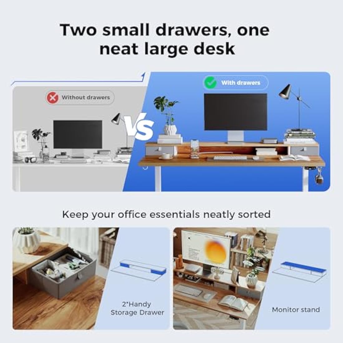 Agilestic Electric Adjustable Height Desk with 2 Drawers, 120 x 60 cm, Stable Sit-Stand Desk with Memory Control, Ergonomic Computer Desk, Light Brown