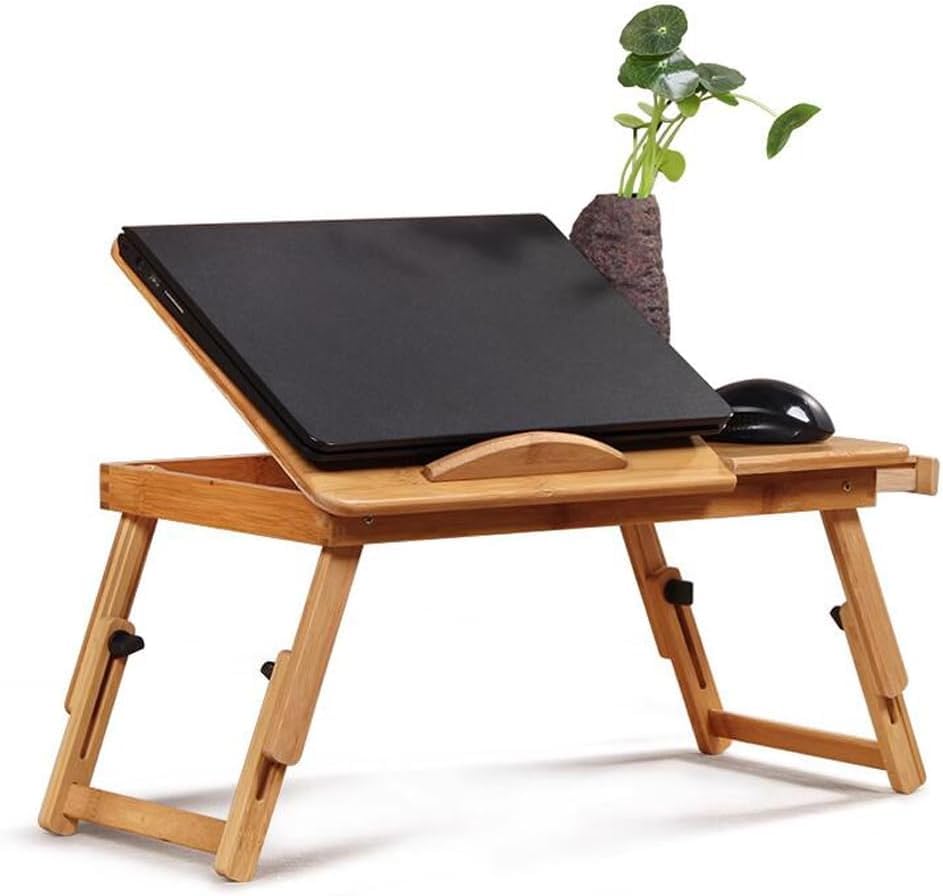 YANGHX Bamboo Adjustable Laptop Desk with Cooling Fan, Laptop Stand with Adjustable Trays, Small Drawer