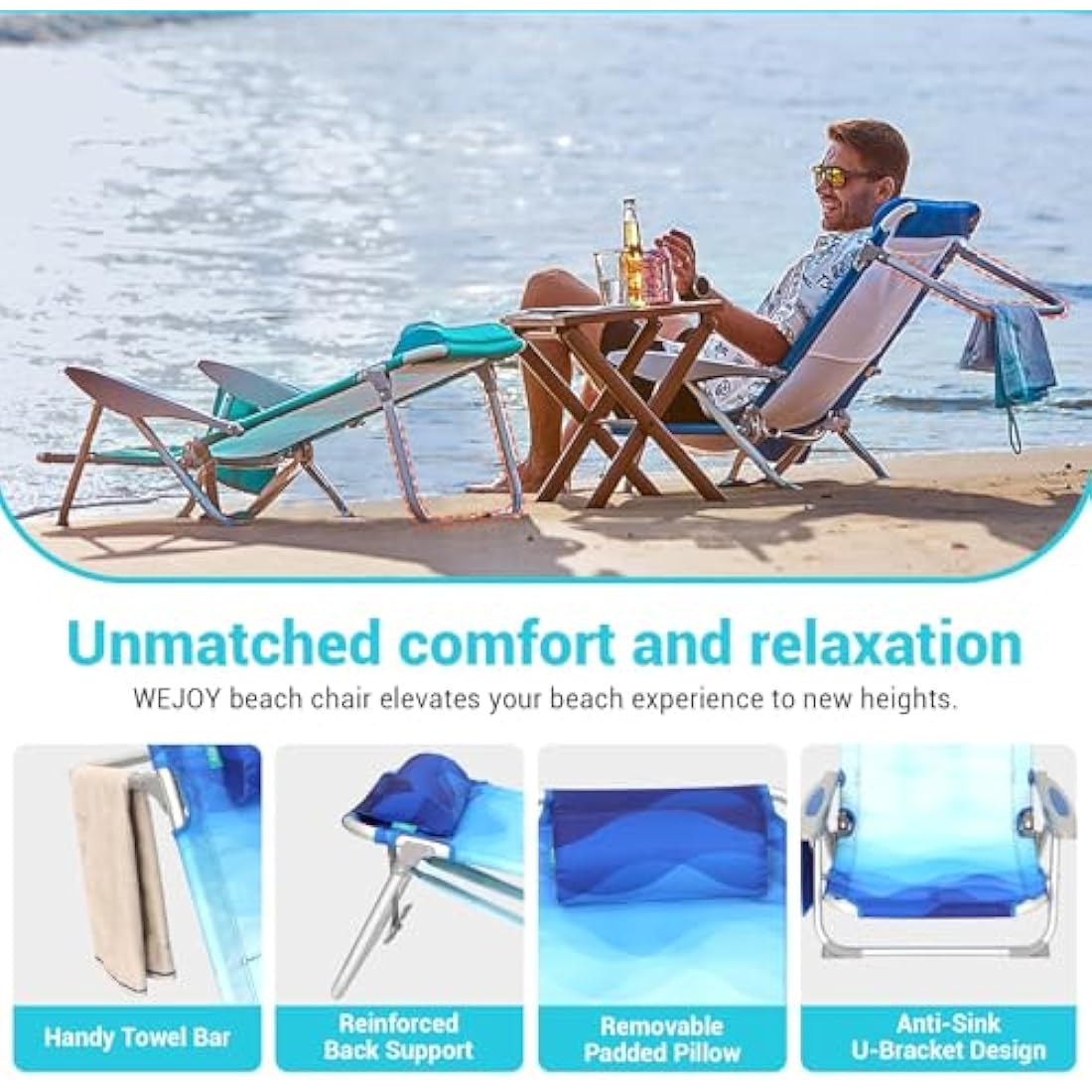 #WEJOY 4-Position Adjustable Beach Chair for Adults, Folding Low Camping Chairs Aluminum Lightweight & Portable, High Back Pillow Pocket Outdoor Reclining Garden Chair