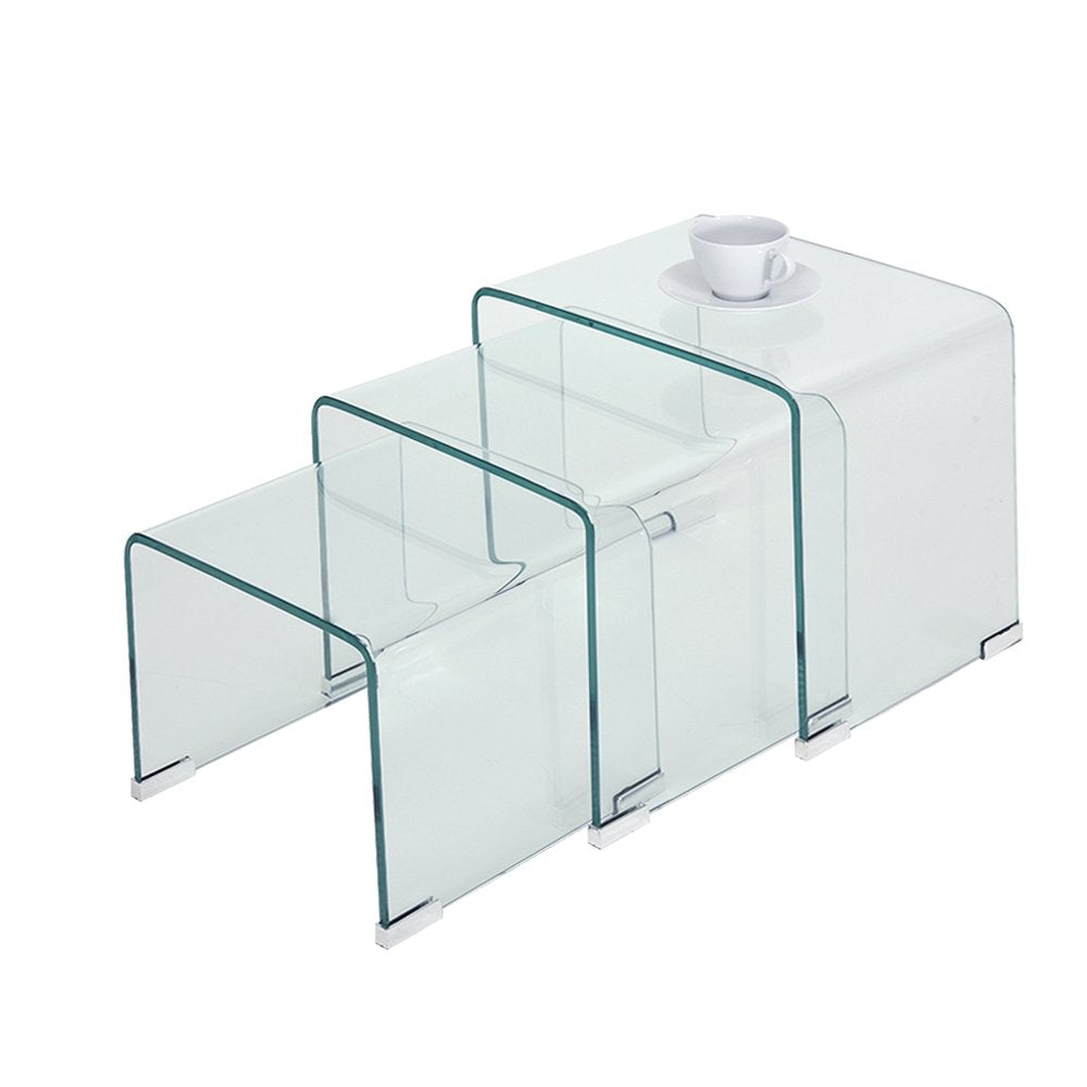 Panana pal Bent Glass Nest Tables Set of 3 Side Tables Coffee Table (Clear)