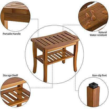 VaeFae Teak Shower Bench, Spa Bath Shower Stool with Storage Shelf, Wooden Seat Stool for Bathroom