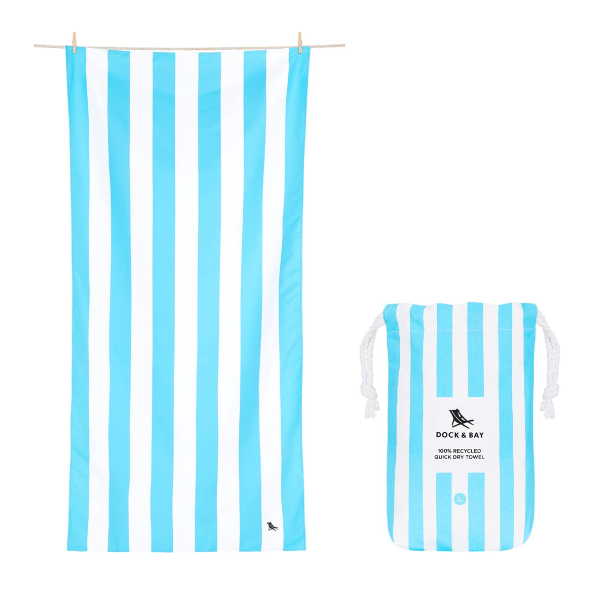 Dock & Bay Beach Towel - Quick Dry, Sand Free - Compact, Lightweight - 100% Recycled - Includes Bag - Cabana Light - Tulum Blue - Large (160x90cm,