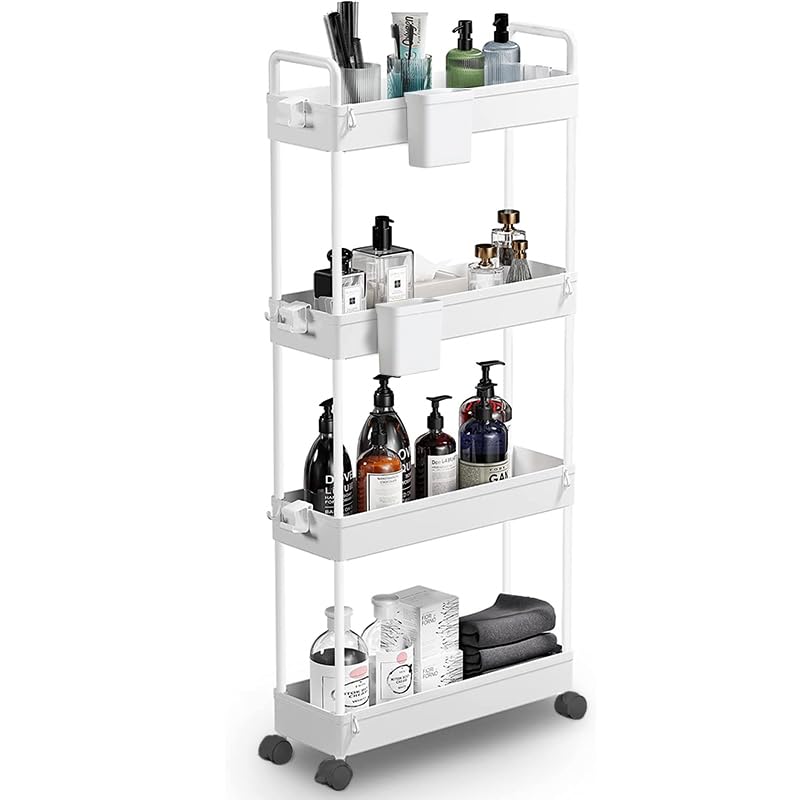Queta Storage Trolley, Kitchen Storage Utility Cart Mobile Shelving Unit with Handle Hook Slide Out Storage Rack for Office, Kitchen, Bedroom