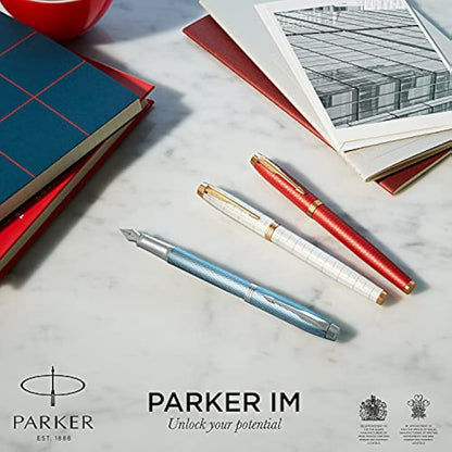 Parker IM Fountain Pen | Premium Pearl Lacquer with Gold Trim | Fine Point with Blue Ink Cartridge | Gift Box