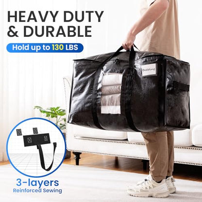 TAILI Moving Bags Extra Large Heavy Duty 4 Pack Storage Bags with Zips, Clear Window & Reinforced Handles, Black Storage Bags with Lid for