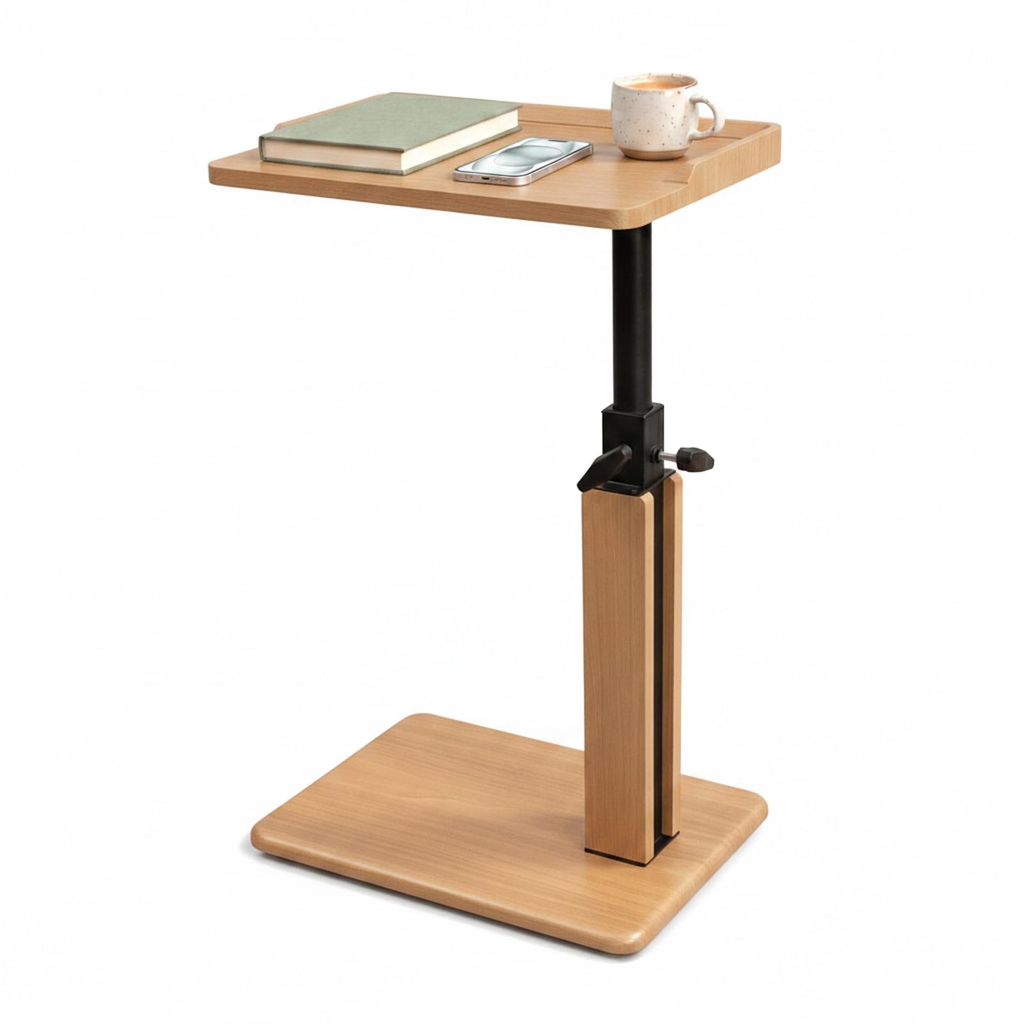 Bingyouth C Shaped Side Table, Adjustable Sofa Table 45-80 cm with Raised Wooden Tray Edges, Oak End Table for Living Room, Armchair Table