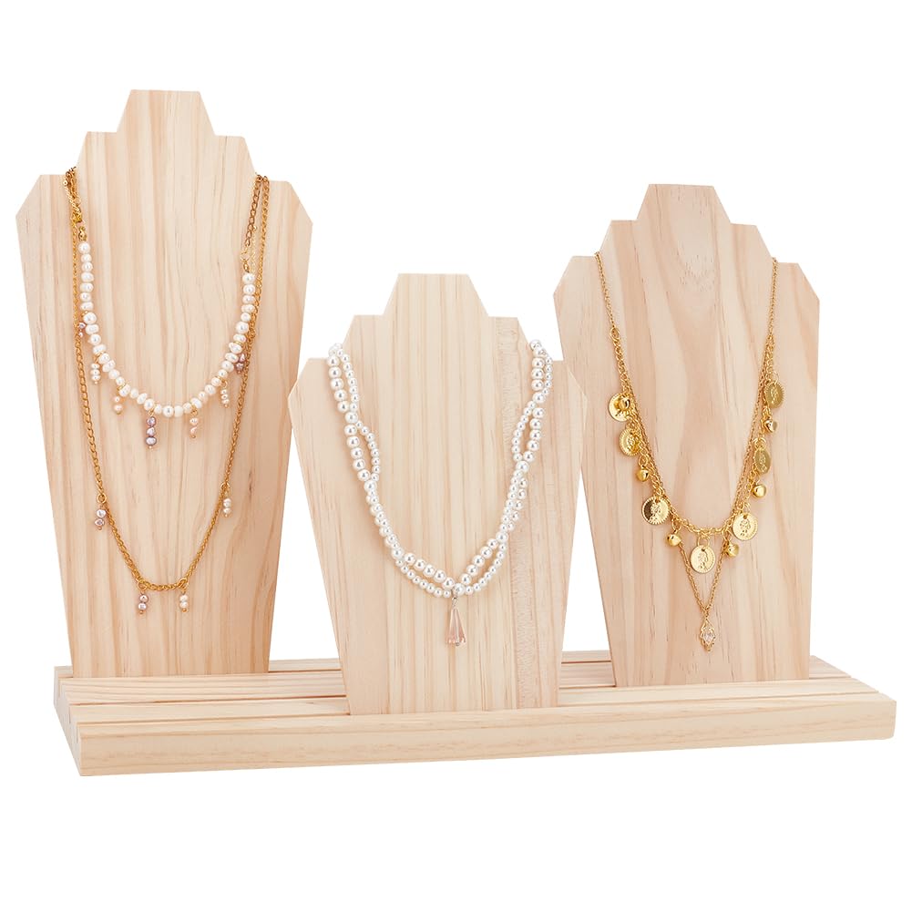 PH PandaHall Wood Necklace Display Stands with 3-Row Holder and 3 Removable Displays Wood Plank Necklace Holder Bust Easel Jewellery Stand for