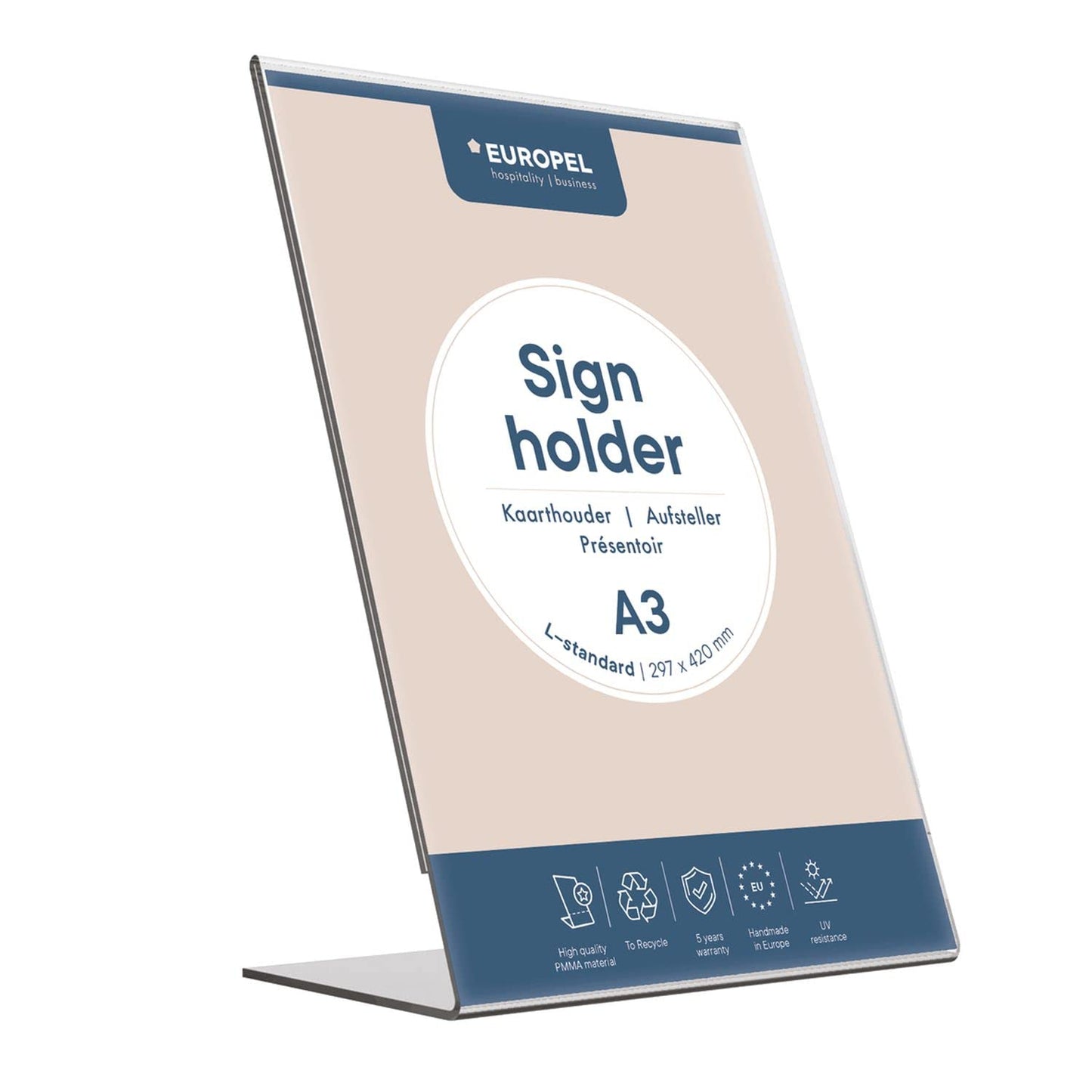 EUROPEL A3 Acrylic Table Display Stand – L-Shape Stable Base, Slanted Back, Side Loading, UV Resistant, for Restaurant, Hotel, Office and Reception