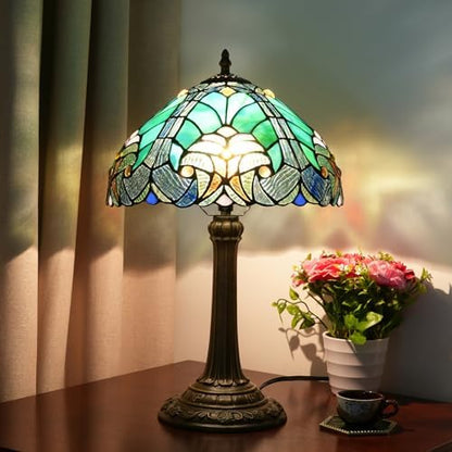 Blivuself Tiffany Lamp Green Liaison Style Stained Glass Table Lamp W12H18 Inch Antique Table Lamp Metal Base Desk Reading Light for Living Room Bedroom Bar Art Craft