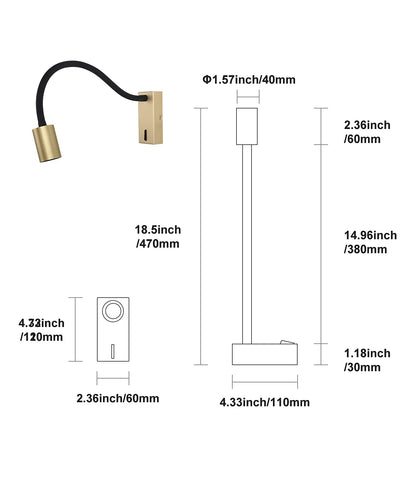 DAWALLIGHT LED Wall Reading Light, 5W Wall Mounted Antique Brass Reading Gooseneck Lamp Bedside for Bedroom Desk Stairs Study Room with Switch