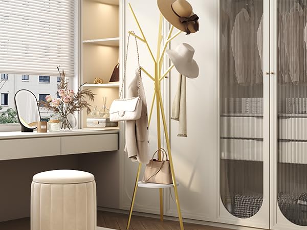 HOME BI Coat Rack Stand, Entryway Standing Coat Tree,Hat Stand Coat Hanger with 9 Hooks for Holding Jacket, Handbag, Clothes, Hats, and Scarves, Gold