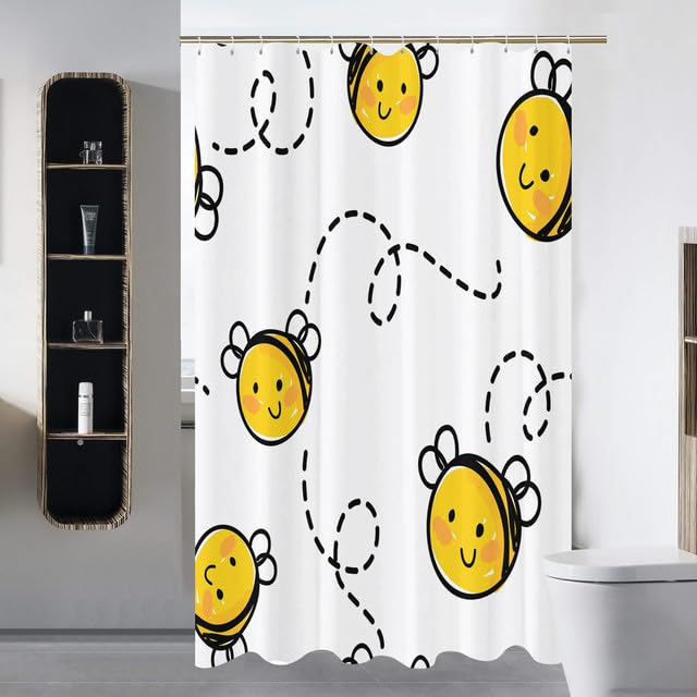 GardEssere Yellow Baby Bee Honey Cute Flying Happy Honeybee Cartoon Insect Shower Curtain for Bathroom White Bath Curtain with 12 Hooks Waterproof