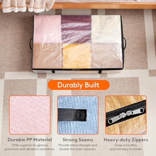 Lifewit 2 Pack Under Bed Storage, 60L Large Clear Plastic Storage Bags, Clothes Storage Boxes Wardrobe Storage Organizer with Reinforced Handle Sturdy PP Fabric for Bedding Clothes Blanket