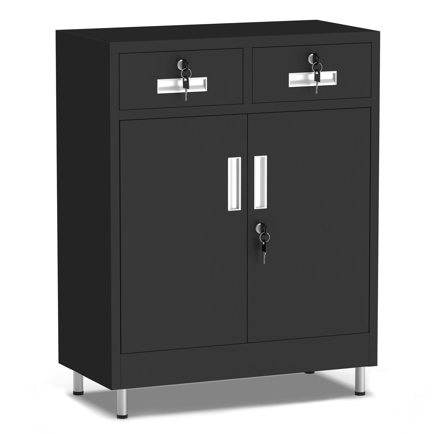 JINGUR Metal Storage Cabinet with Locking Doors and 2 Drawers (Black)