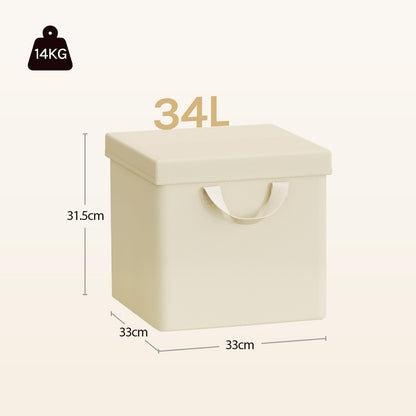 WOLTU Fabric Storage Boxes Set of 3, Folding Baskets with Lids, Handles, Metal Frame, Wardrobe Toy Organisers for Living Room, Bedroom, Office, Cream