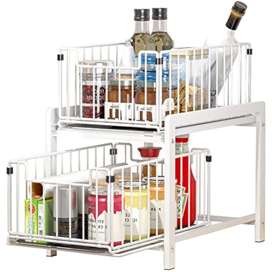 YunNasi Under Sink Storage 2-Tier Pull Out Sliding Basket for Cabinet Kitchen Cupboard Organiser Detachable Metal Storage Rack for Bathroom (Regular, WhiteWhite)