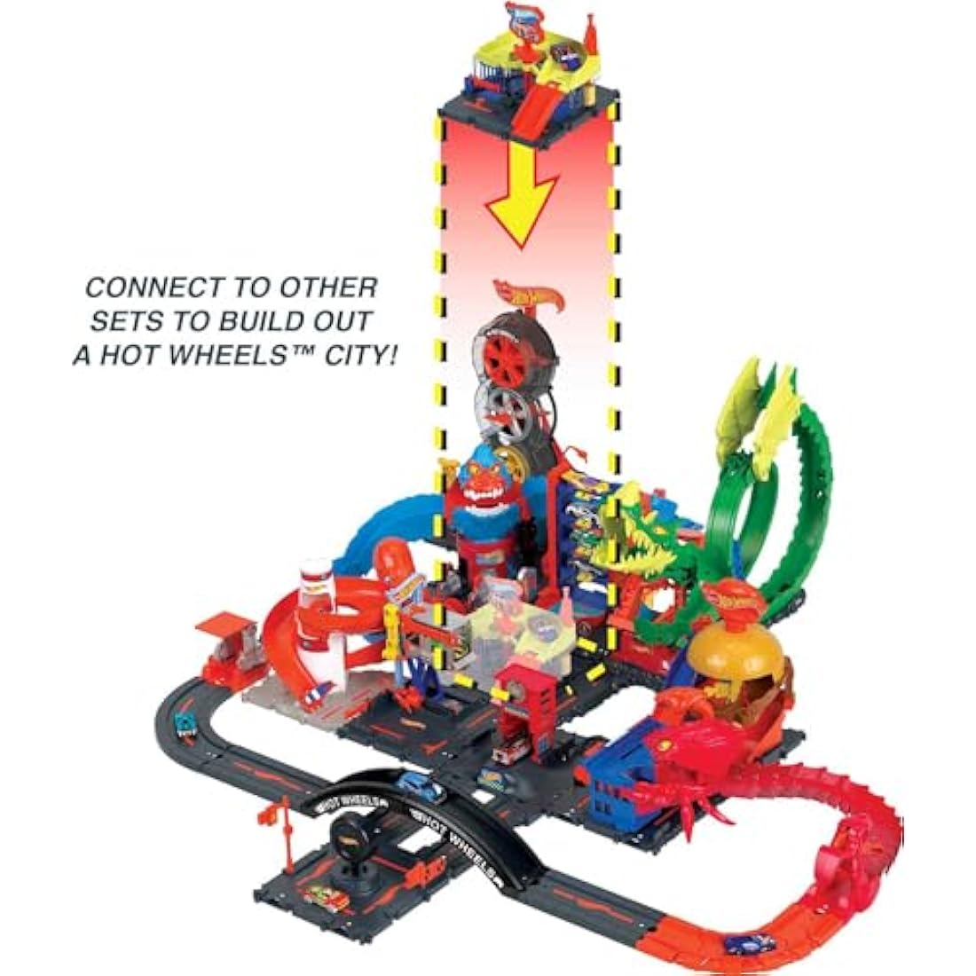 Hot Wheels City Toy Track Set, Downtown Express Car Wash Playset with 1:64 Scale Vehicle, Foam Roller & Drying Flaps, HDR27