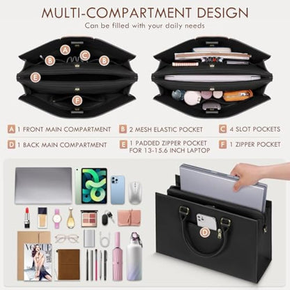 RAINSMORE Laptop Bags for Women PU Leather Work Bags for Women Tote Bag Large Handbag Shoulder Bag for Office 15.6 Inch Bussiness Black with White and Brown