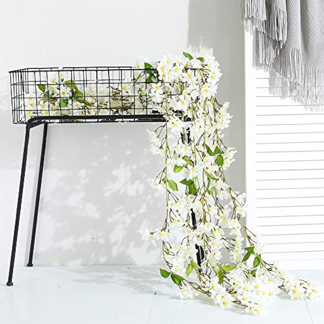 JUSTOYOU 2 Pcs 5.7FT Artificial Sakura Cherry Blossom Flowers Hanging Vine Fake Sakura Garland Fake Oriental Cherry Wreath Home Garden Party Wedding Decor (Cherry White, 2 PCS)