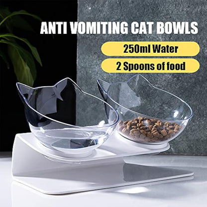 Raised Cat Bowl with Stand, 15° Tilted Cat Bowls for Kittens Elevated Cat Bowl Anti Vomiting Double Cat Bowls Plastic Transparent Cat Feeding Bowl
