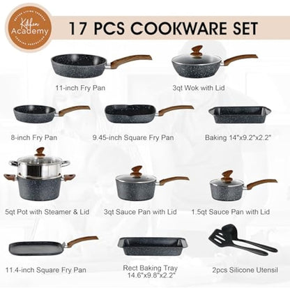 Kitchen Academy Induction Cookware Set-17 Piece Non-Stick Cooking Pan Set, Black Granite Pots and Pans Set