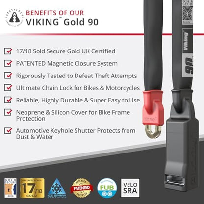 Seatylock Viking Bike Chain Lock with Key - Magnetic Patented Sold Secure Silver Rated - Heavy Duty Anti Theft - Smart Ultra Security Bicycle Lock (90 CM - 35.4")