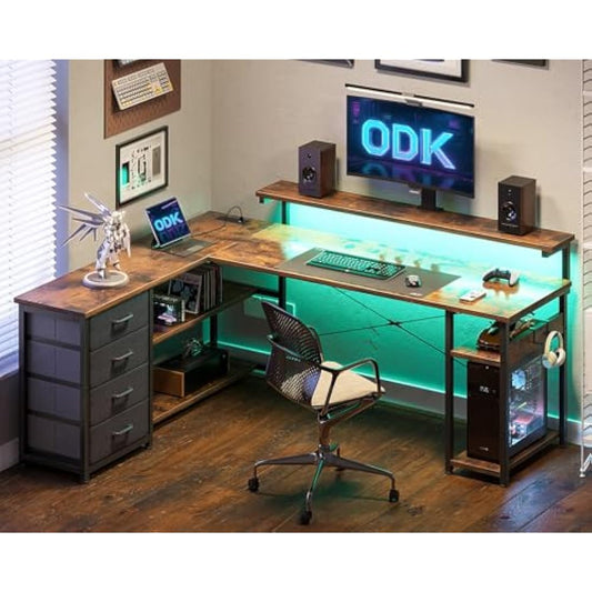 ODK Corner Desk with Drawers, L Shaped Gaming Desk with LED Lights & Power Outlets, Reversible Computer Desks for Home Office Workstation, Office Desks with Monitor Shelf, 135×110 cm, Vintage