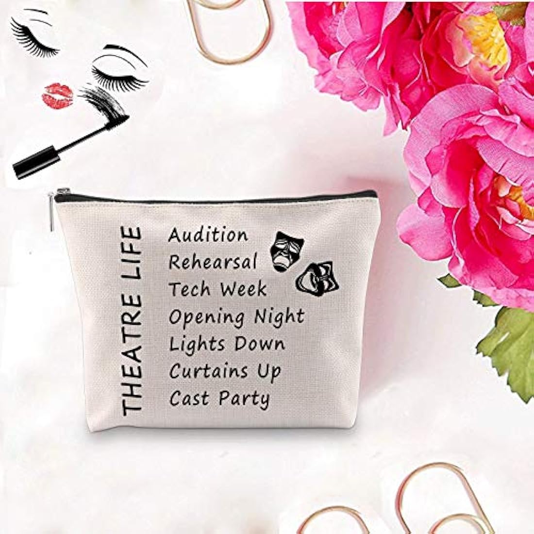 PXTIDY Theatre Life Makeup Bag - Drama Theater Gifts for Actor Actress - Cosmetic Pouch (Beige)